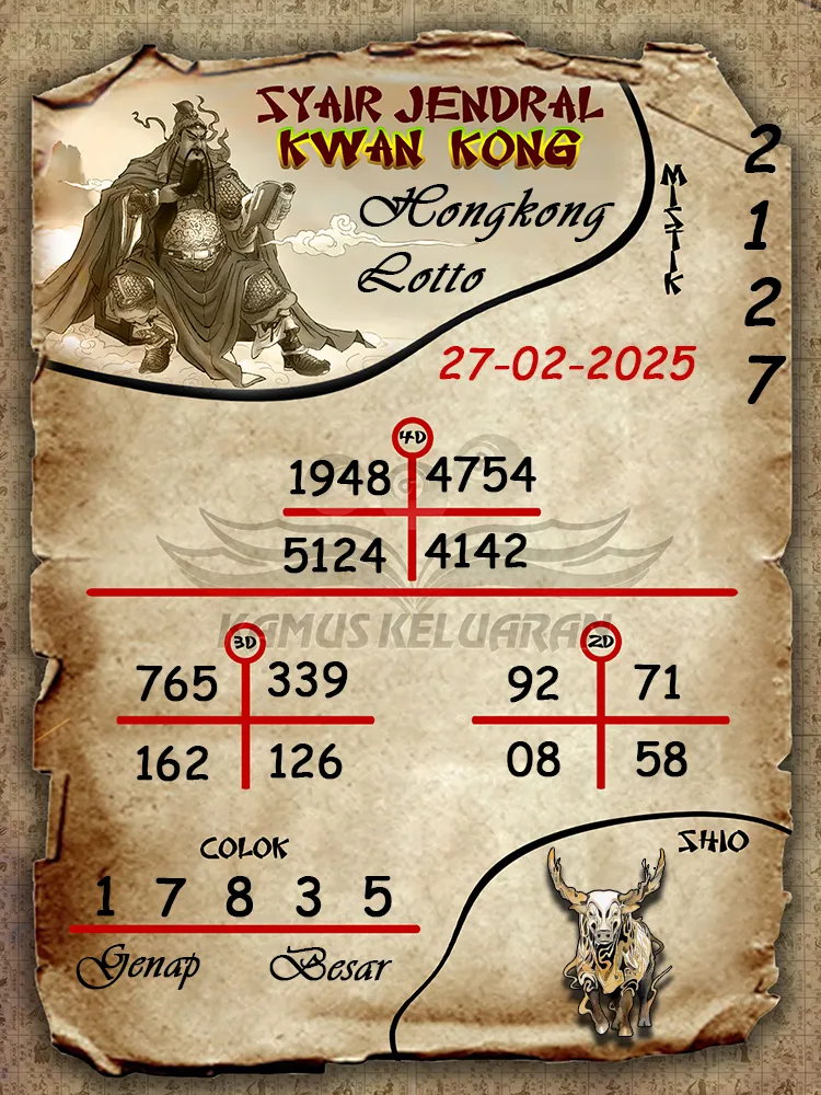 syair jendral kwan kong hongkong lotto 27 02 2025