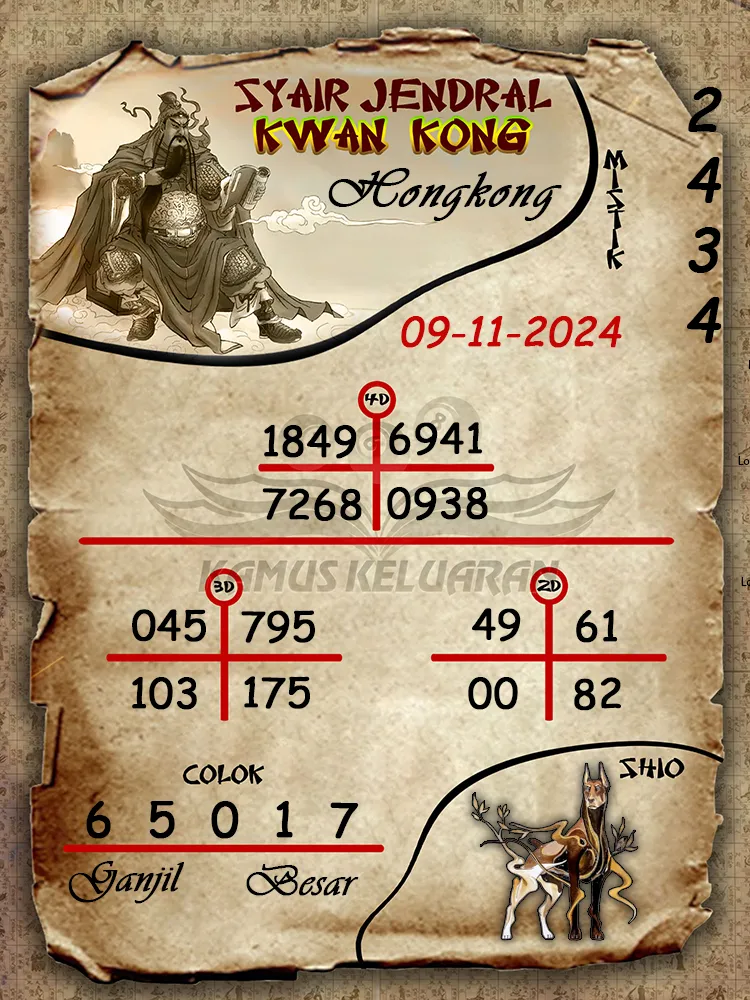 syair jendral kwan kong hongkong 09 11 2024