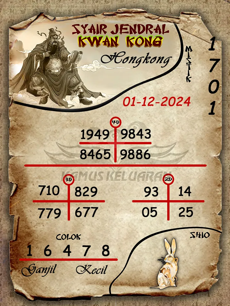 syair jendral kwan kong hongkong 01 12 2024