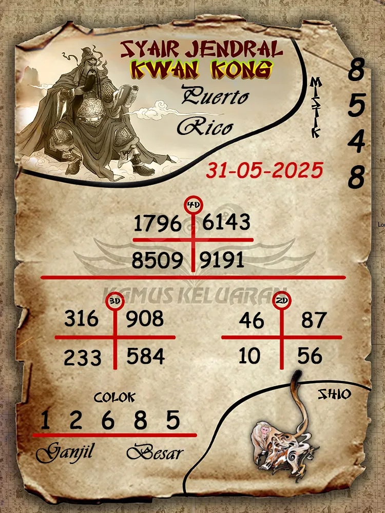syair jendral kwan kong puerto rico 31 05 2025