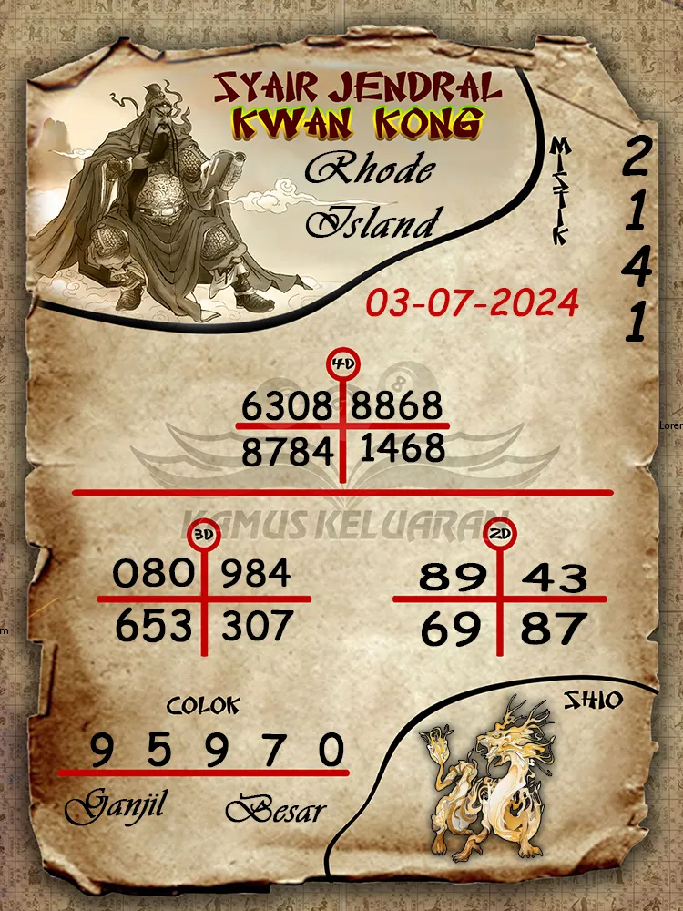 syair jendral kwan kong Rhode Island 03 07 2025