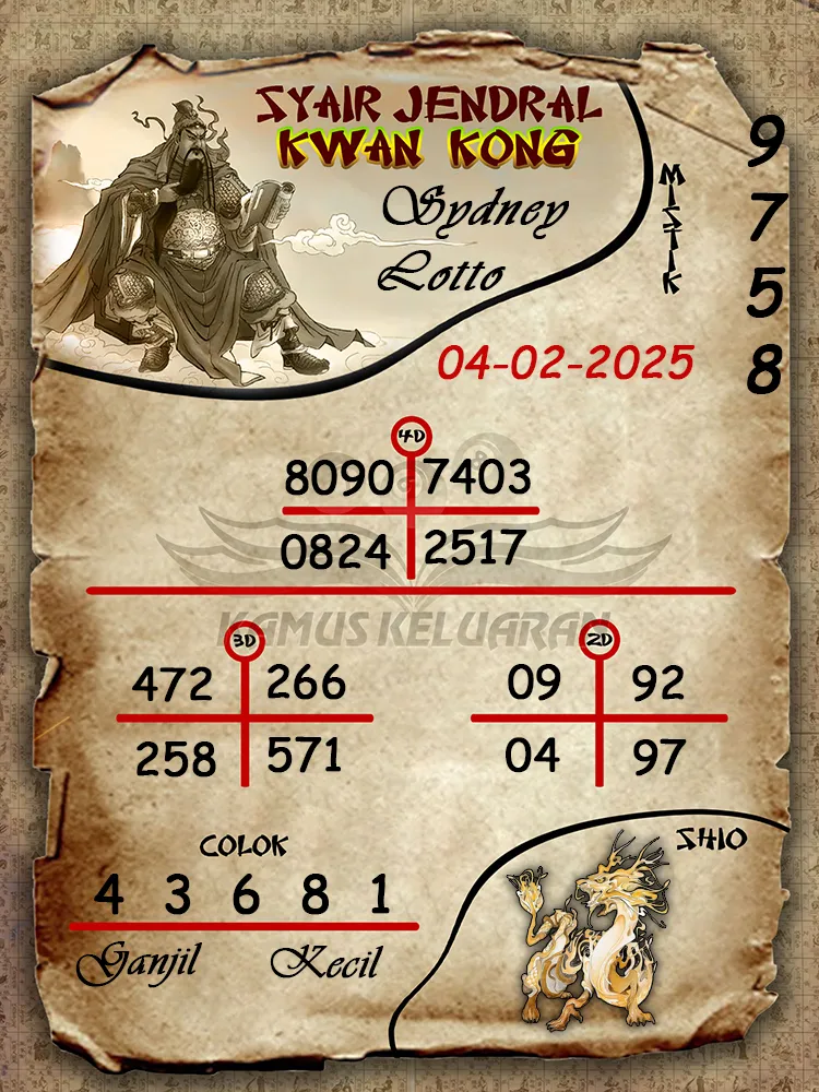 syair jendral kwan kong sydney lotto 05 02 2025