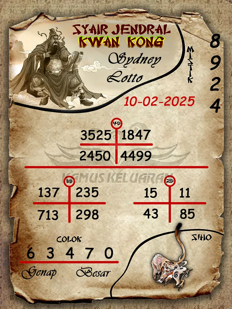 syair jendral kwan kong sydney lotto 10 02 2025
