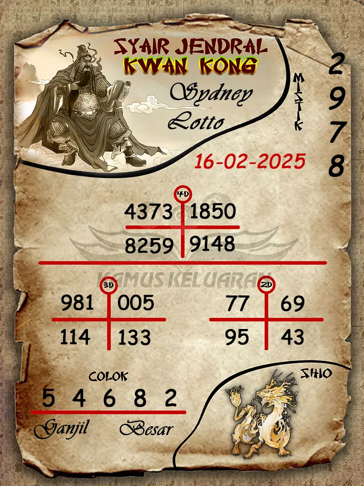 syair jendral kwan kong sydney lotto 16 02 2025