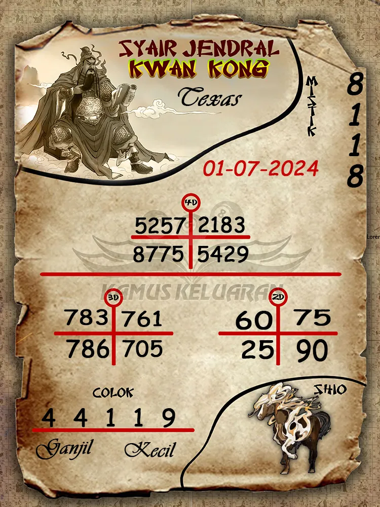 syair jendral kwan kong Texas 01 07 2025