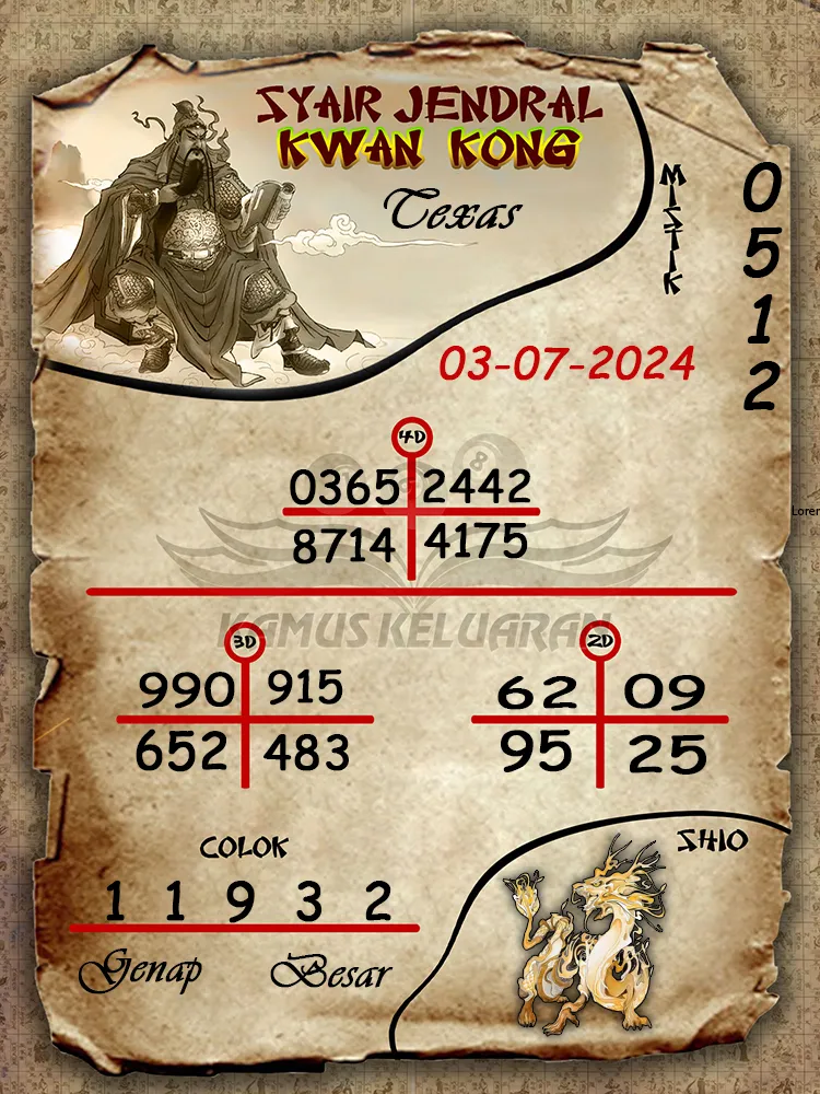 syair jendral kwan kong Texas 03 07 2025